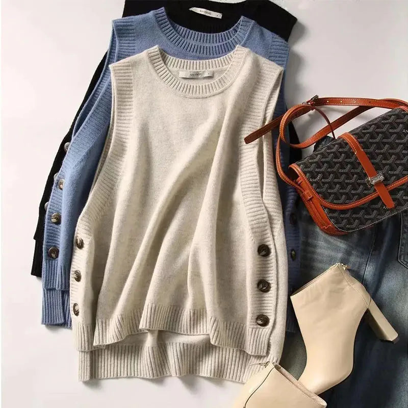 Fashion knit sweater vest College style under three-button solid color crew neck casual all-match pullover sweater for women