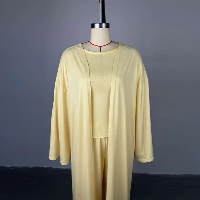 Casual Solid Women 3 Pieces Suits V-neck Long Coats O-neck Slim Top Wide Leg Trousers 2025 Spring Summer New Fashion Female Sets