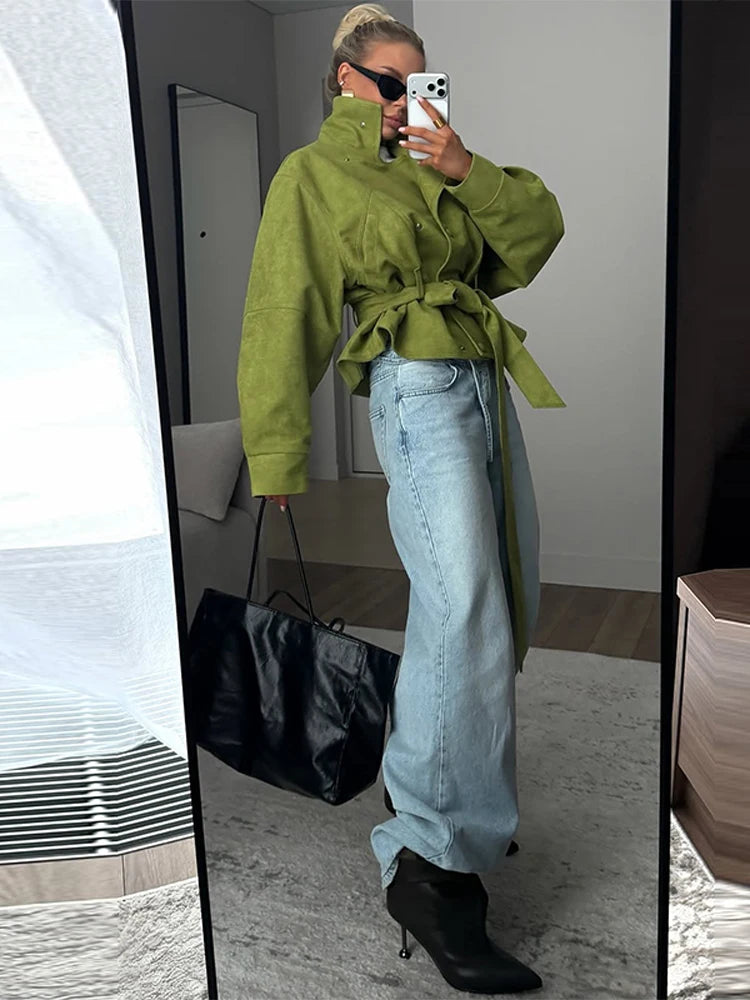 Street Women's Faux Suede Belt Lace Up Jacket Loose Green Lapel Button Full Sleeve Coats 2026 Spring Summer Lady Casual Outwear