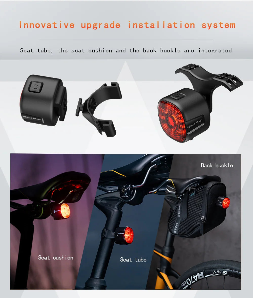 Bicycle Intelligent Brake Tail Light IP66 Waterproof 6 Light Modes High Brightness Bike Rear Lamp for Seat Post/Saddle/ Bag