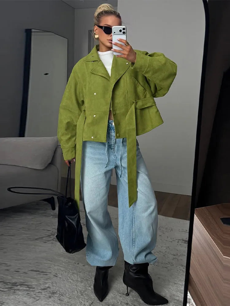 Street Women's Faux Suede Belt Lace Up Jacket Loose Green Lapel Button Full Sleeve Coats 2026 Spring Summer Lady Casual Outwear
