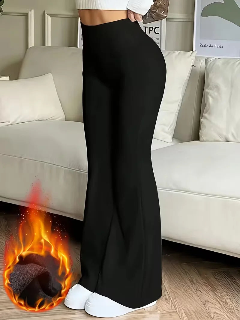 Fleece Solid Color Flared Pants Are Elegant Winter  Thermal Pants They Are Thick And Form Fitting Suitable For Casual Occasions