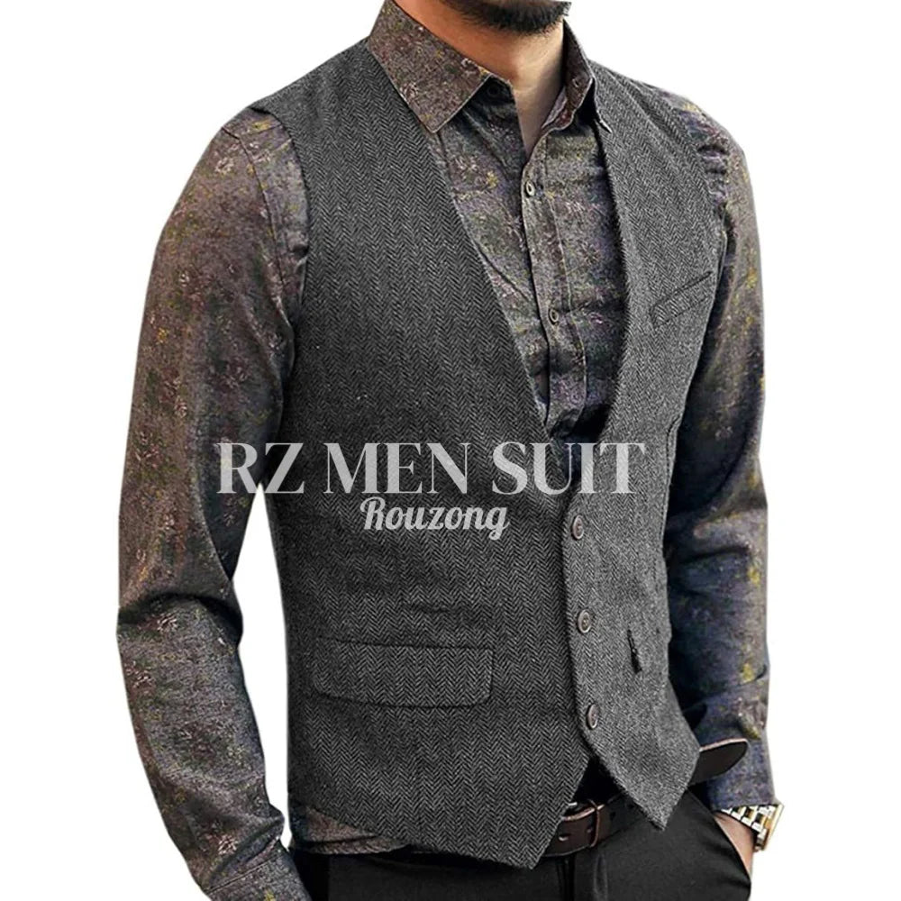 Men's Herringbone Tweed Wool Suit Vest Single Breasted Slim Fit Waistcoat Vest chaleco para hombre