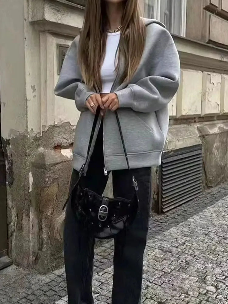 HH Winter New Women's Zipper Hoodie Coat High Street Double Pockets Jakcet Oversize Loose Sweatshirts Outerwear Top