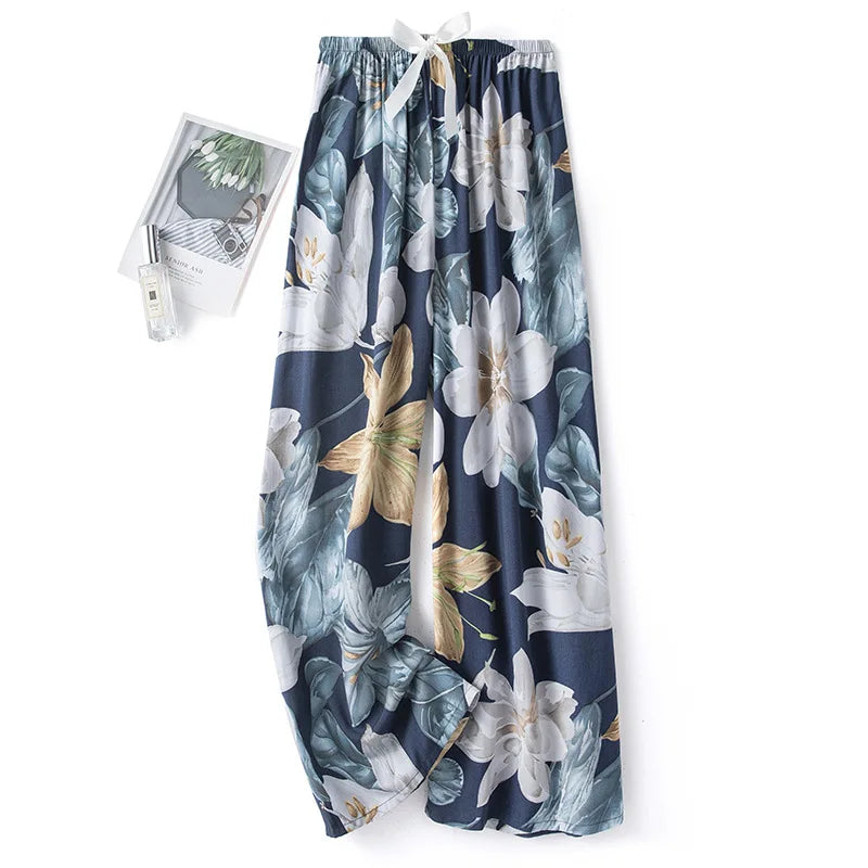 Women Casual Autumn Wide Leg Pants Floral Beach Trousers High Waist Boho Ethnic Style Calf Pants Four Season Girls Home Clothes