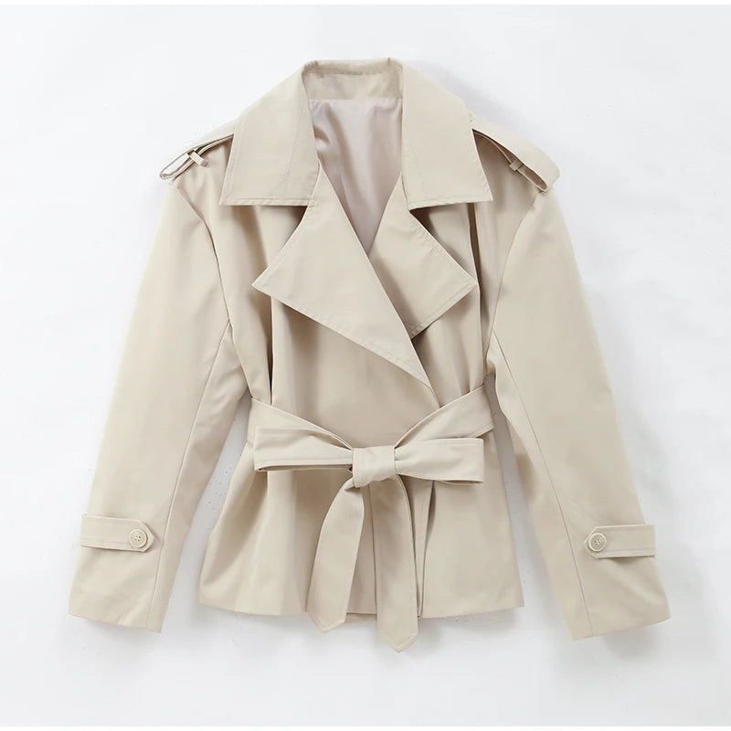 Solid Lapel Lace Up Trench Coat Women Fashion Full Sleeve Waist Cinching Short Windbreak New Autumn Office Commute Outwear 2026