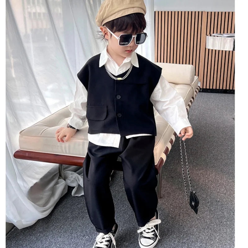 2026 Children Sets Shirts Turn-down Collar Vest Single Breasted Pants Ankle Length Loose Solid Soft Simple Casual Autumn Boys