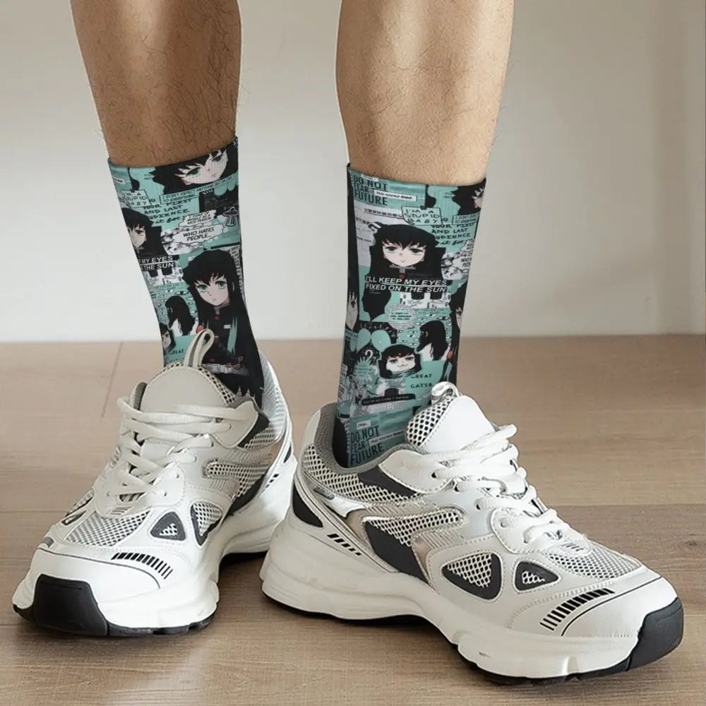 Custom Giyuu Tomioka Demon Slayer Men Women Crew Socks Unisex Kawaii Kimetsu No Yaiba Spring Summer Autumn Winter Dress Socks