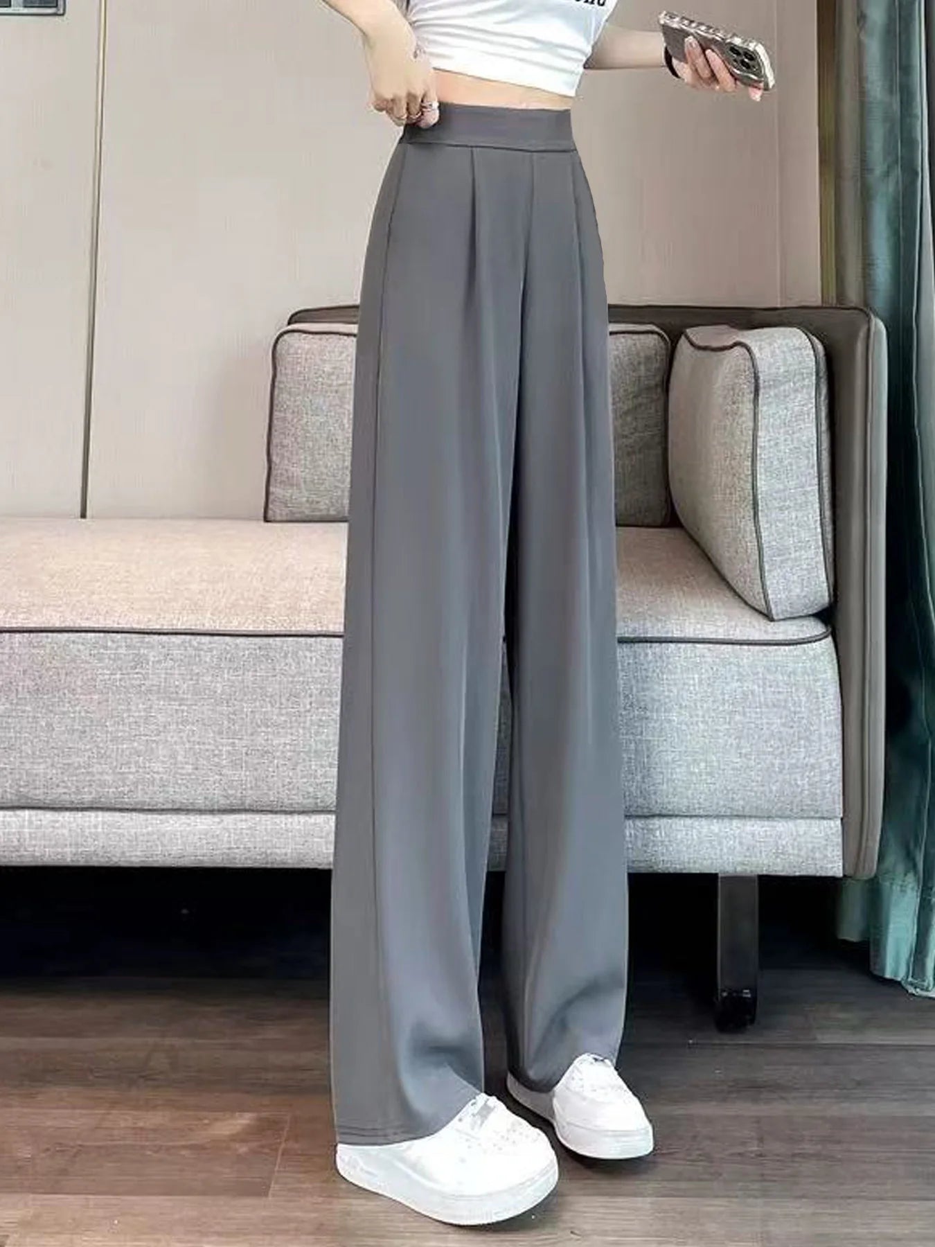 Women's suit pants with a high-quality drape, straight-leg casual style in black/gray, narrow to wide version, slimming and comf