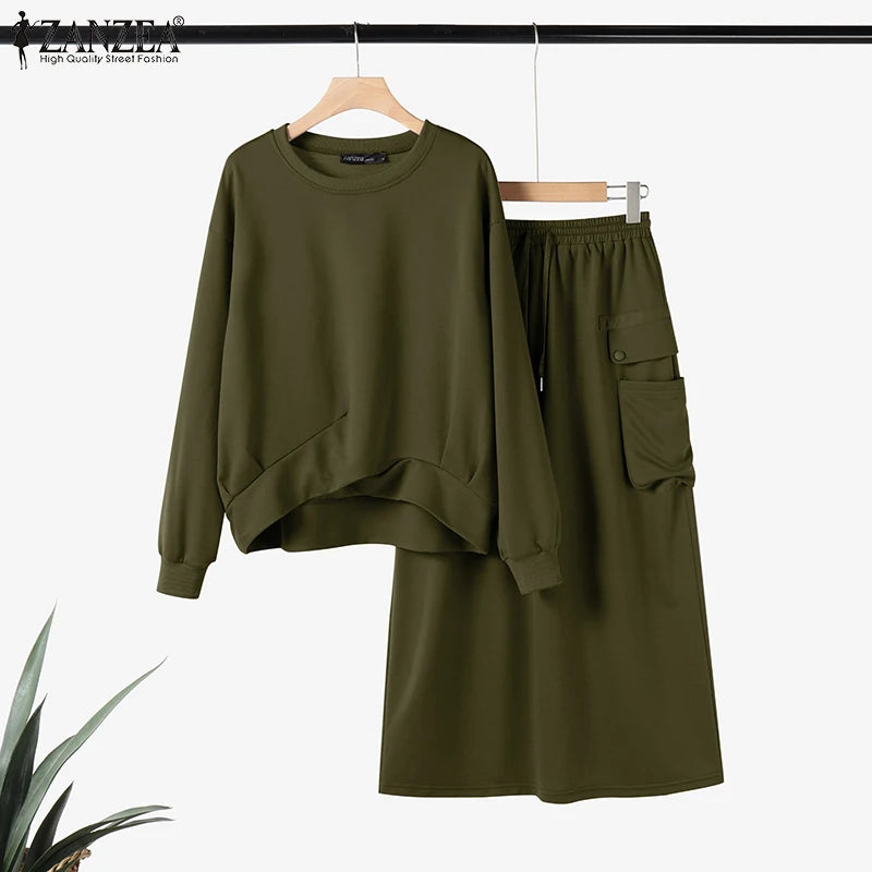 2026 ZANZEA 2PCS Autumn Winter Sweatshirts Dress Sets Women Long Sleeve Hoodies Tops Sundress OL Matching Sets Spring Outfits