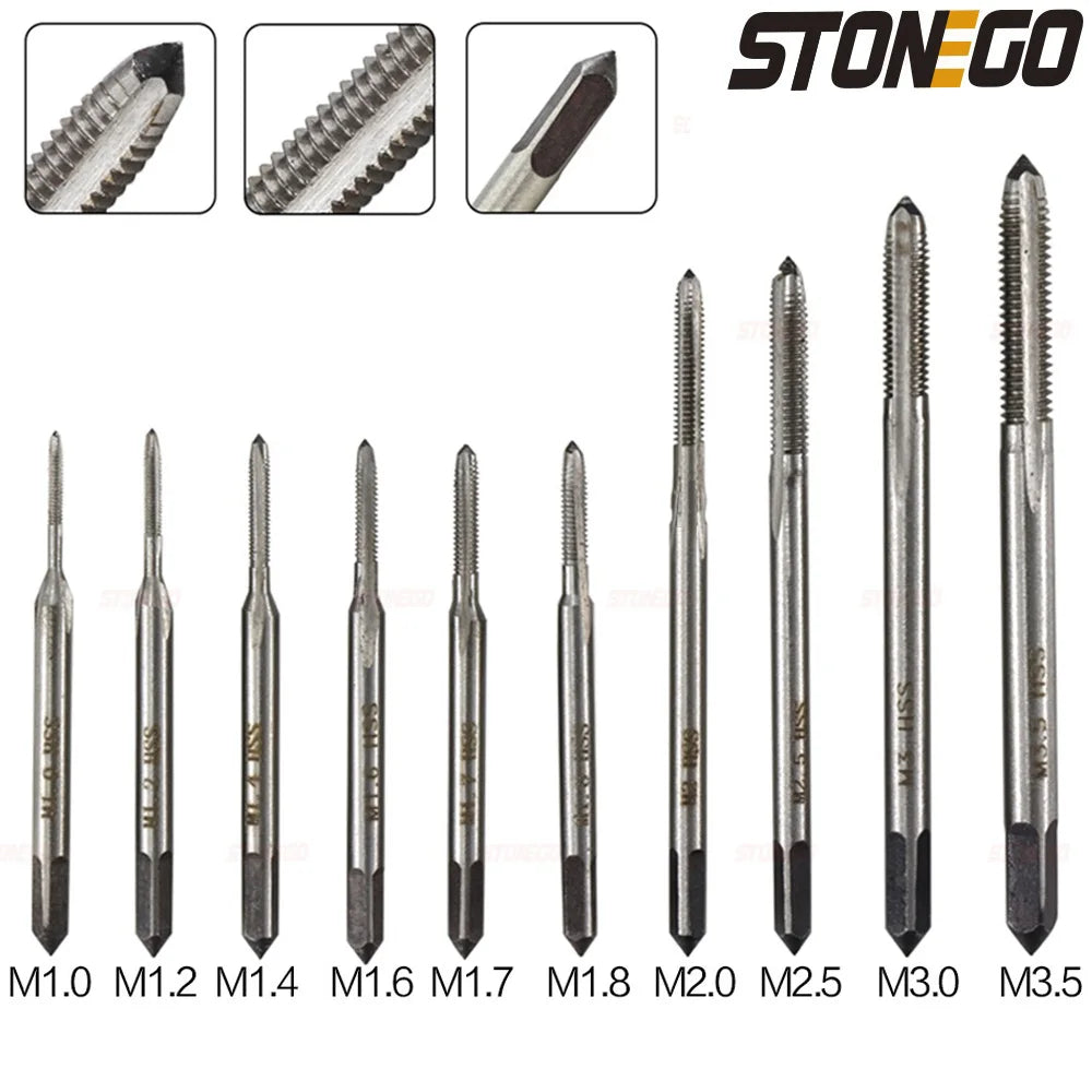 STONEGO 5PCS/7PCS Bearing Steel Taper Hand Spiral Point Straight Fluted Screw Thread Hand Tap Drill M3/M4/M5/M6/M8/M10/M12