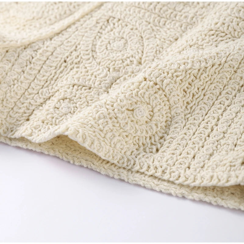 Sweater Crochet Tops Shorts Women Set Lapel Single Breasted Short Top Crochet Flower Hollow Out Shorts Casual Loose Woman Suits
