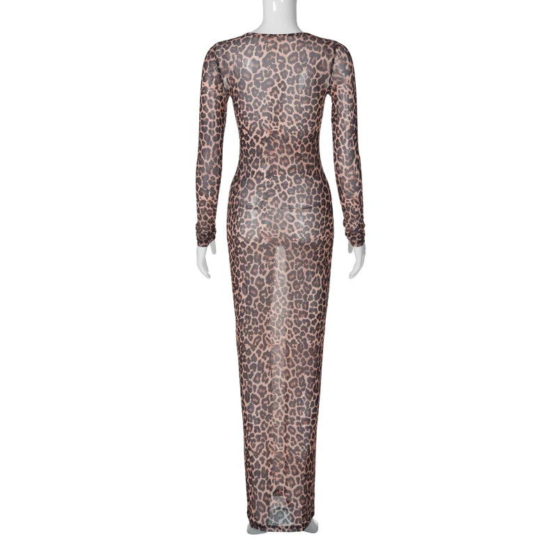 Hugcitar Leopard Print Mesh Long Sleeve Sexy Slim  See Through Maxi Dress Fall Women Fashion Outfits Beach Vacation Club