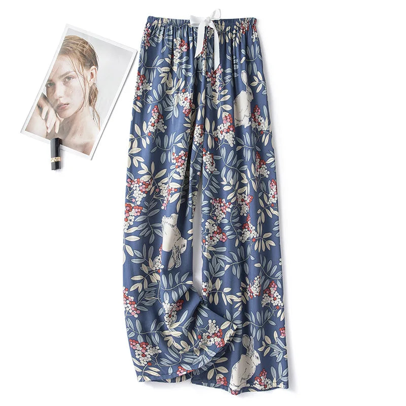 Women Casual Autumn Wide Leg Pants Floral Beach Trousers High Waist Boho Ethnic Style Calf Pants Four Season Girls Home Clothes