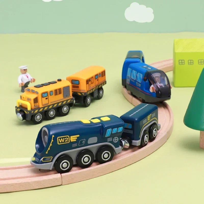 Interactive Playtime Joy Wooden Track Electric Train Toy with Magnetic Slot and Diecast Railway for Children