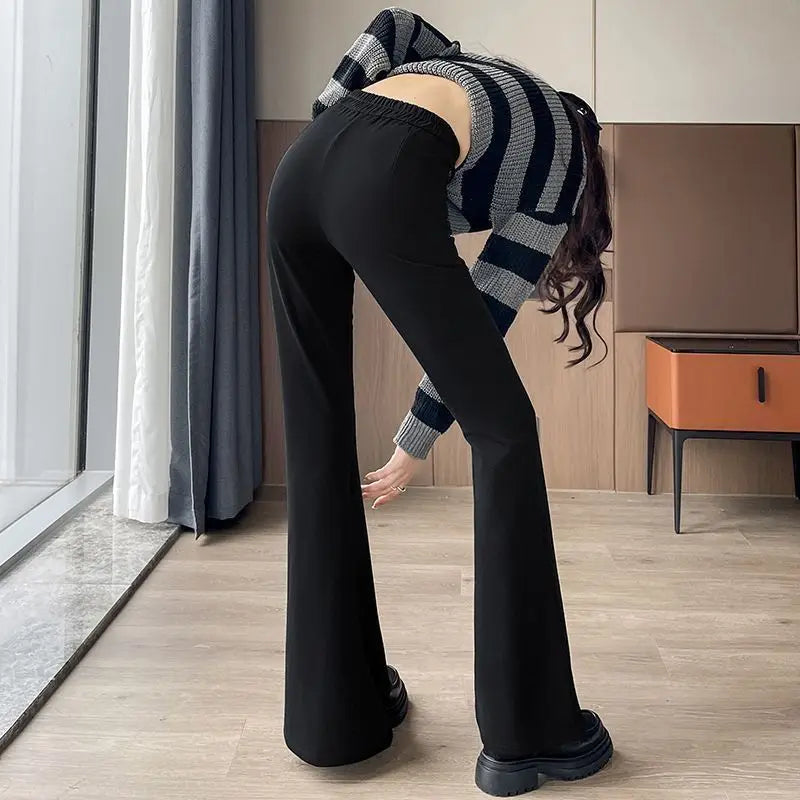 Women's High-Waisted Flared Pants Slim Fit Formal Trousers with Button Closure