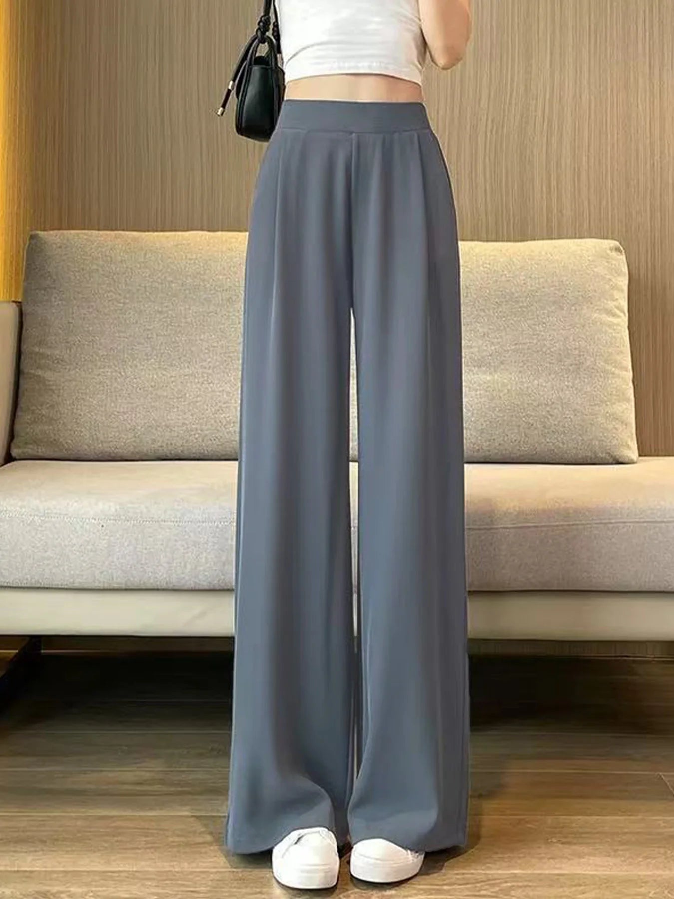 Women's suit pants with a high-quality drape, straight-leg casual style in black/gray, narrow to wide version, slimming and comf