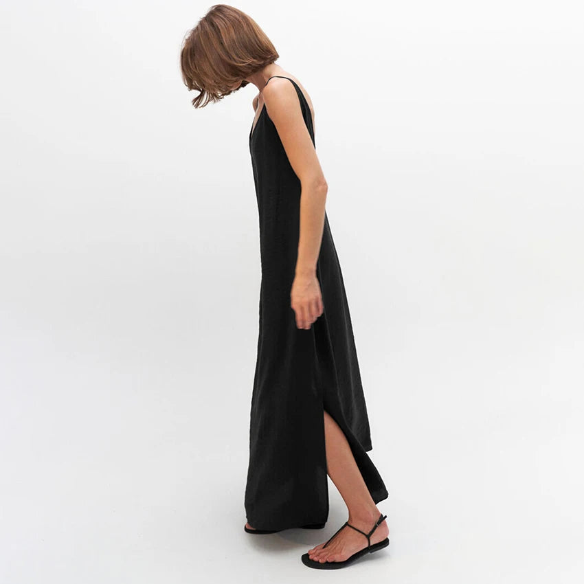 Linad Summer Casual White Long Dress Sexy Loose Backless Split Dresses Woman Street Chic V Neck Straight Dress For Women 2025