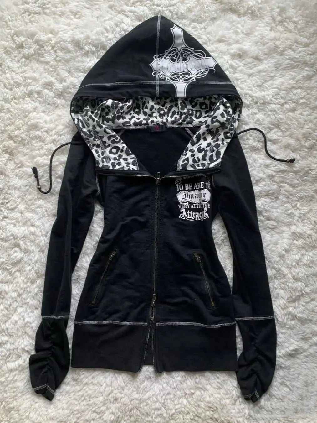 Slim Fit Spicy Girl Vintage Versatile Leopard Printed Black Sweatshirts Gothic Harajuku Autumn/winter Cardigans Kawaii Clothes
