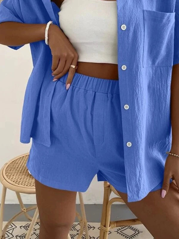 Women's Cotton Suit  Short Sleeve Casual Elegant Green Soild Two Piece Set Women Outfit Suit Shorts and Shirt for Women