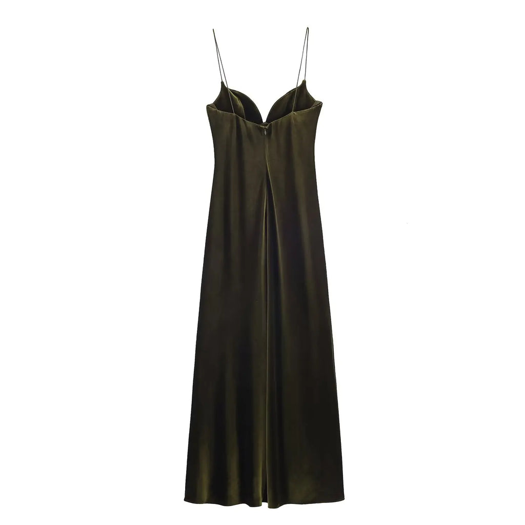 HH 2025 Women Red V-Neck Holiday Style Satin Texture Long Dress Sleeveless Summer Women's Back Zipper Fashion Sling Dresses