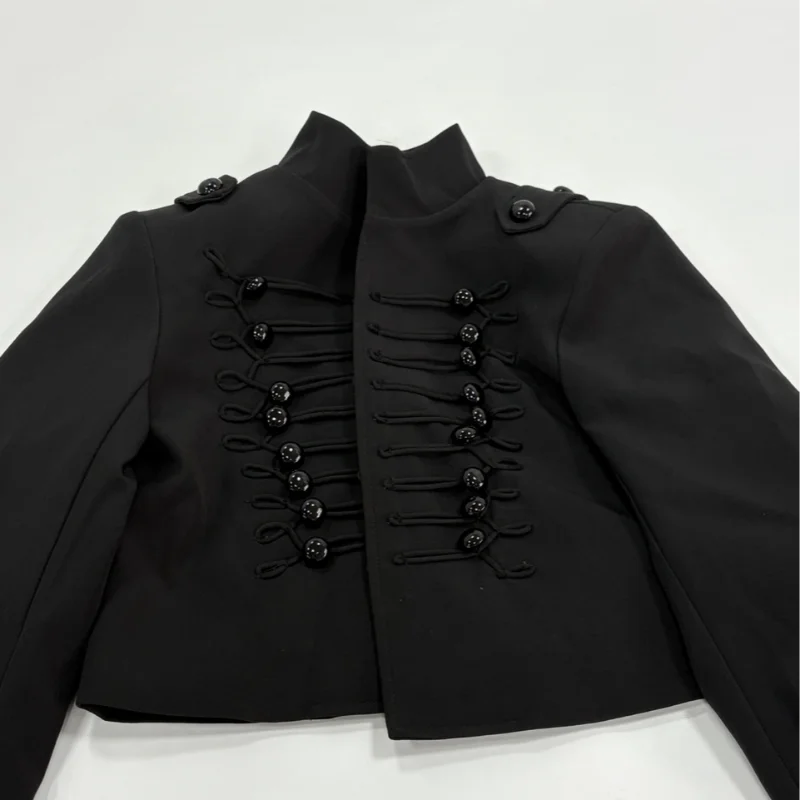 Women's Napoleon Style Black Cropped Jacket Coat Long Sleeve Tops Braided Button Trim Vintage Slim Fit Fashion Lady Outerwear