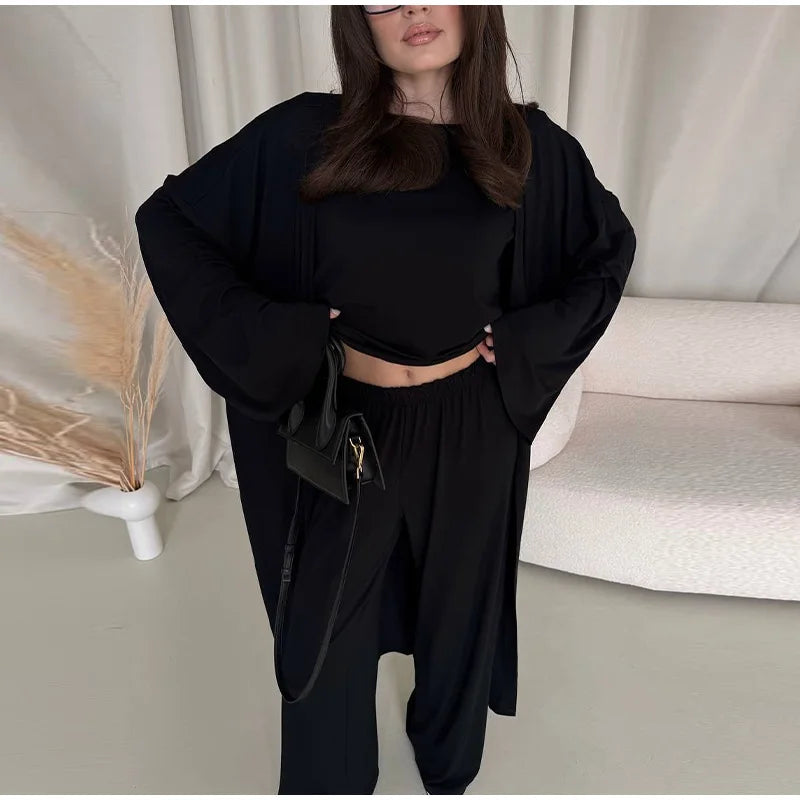 Casual Solid Women 3 Pieces Suits V-neck Long Coats O-neck Slim Top Wide Leg Trousers 2025 Spring Summer New Fashion Female Sets