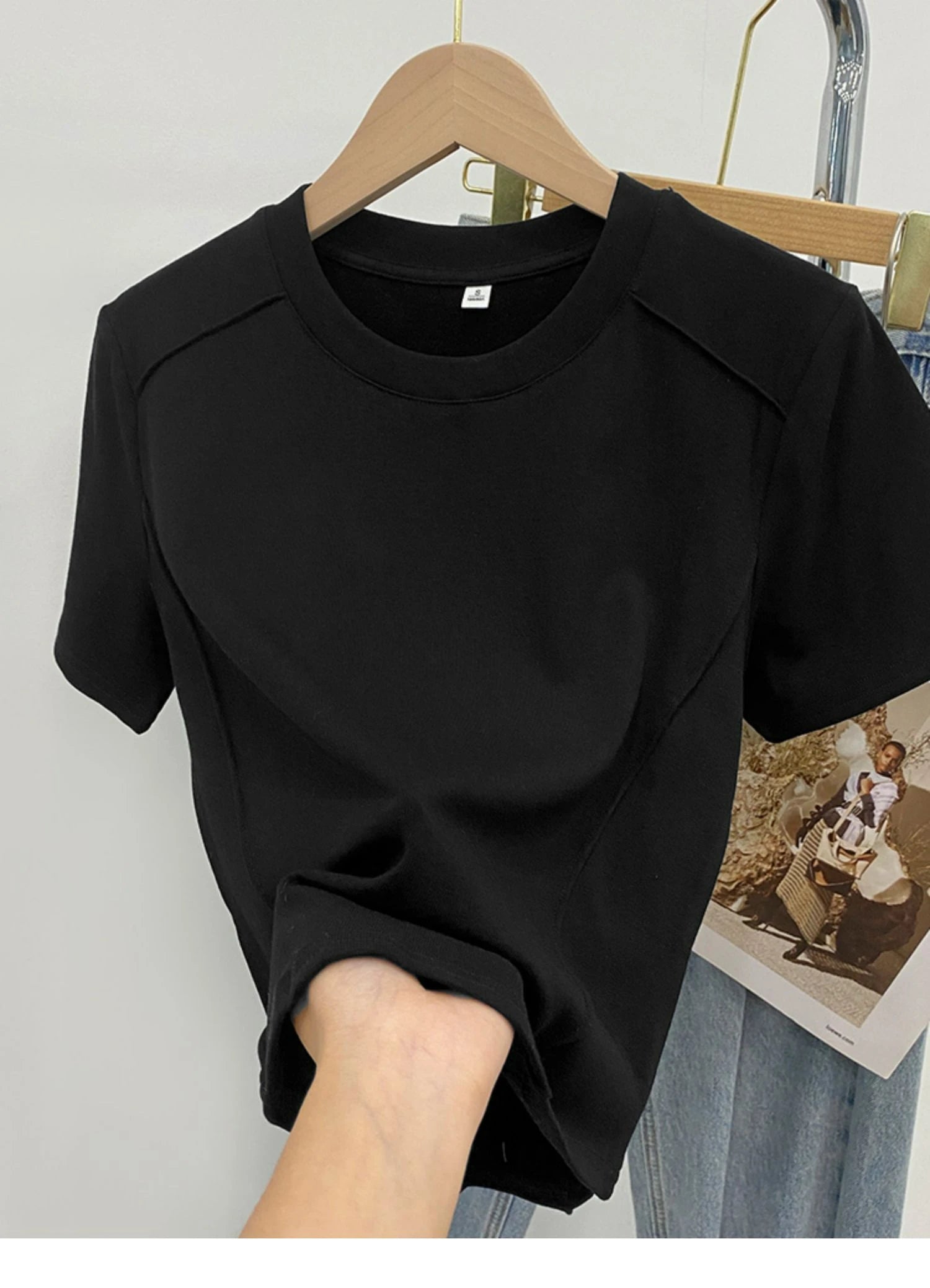 Solid color round-neck short-sleeved slim T-shirt for women 2026 summer and Europe new