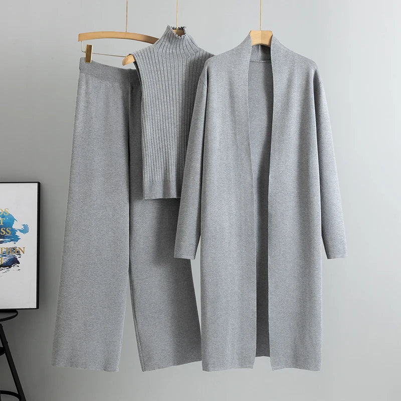2026 Winter And Autumn Fashionable Elegant Women's Knitted 3-Piece Set cardigan Women's Sweater Women's Wide Leg Pants