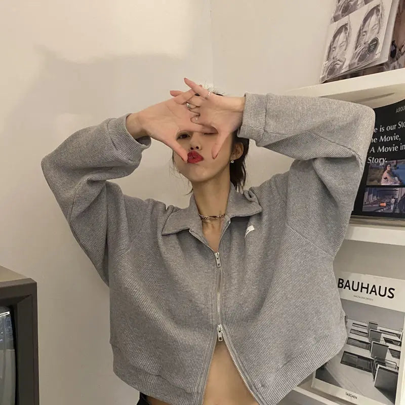 Sweatshirts Woman All-match Solid Zipper Trendy Korean Style Harajuku Ins Retro Autumn Casual Office Ladies Daily New Arrival