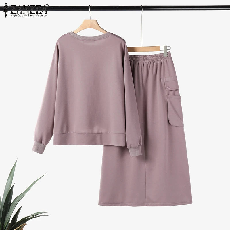 2026 ZANZEA 2PCS Autumn Winter Sweatshirts Dress Sets Women Long Sleeve Hoodies Tops Sundress OL Matching Sets Spring Outfits