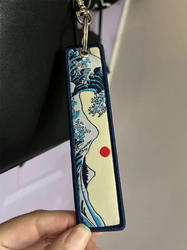 1/2pcs Japanese Waves Art Drawing Embroidery Fobs Backpack Key Tags Motorcycles Keychain Keyrings Cosplay Accessories Gift
