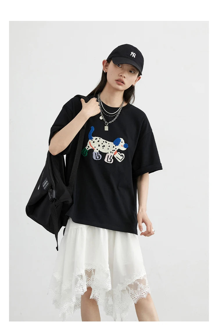 CHIC VEN Women T-Shirts Loose Streetwear Unisex Fun Dog Embroidered Short Sleeve Cotton Girl Tees Female Top Summer 2025
