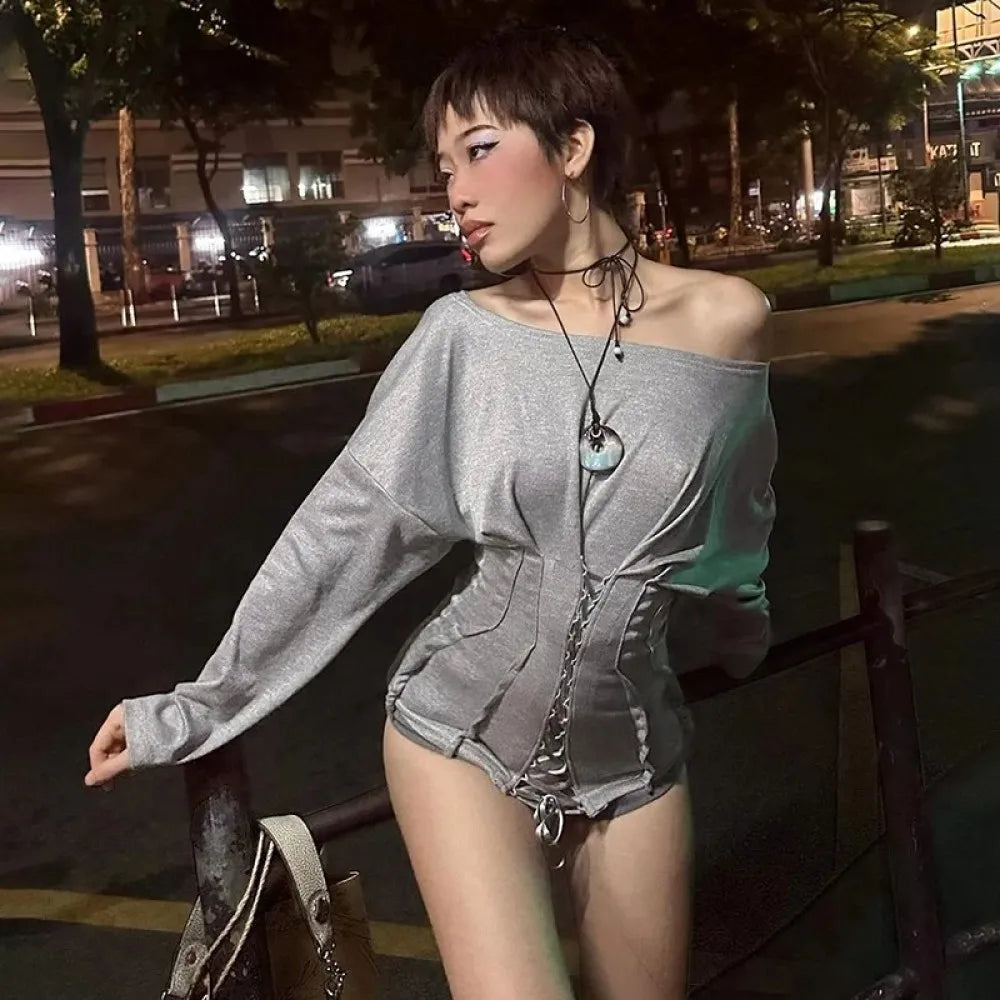 SylCue Casual Fashion T-Shirts Woman Skew Collar Off Shoulder Full Sleeve Drawstring Design Daily Simple Versatile Style Tops