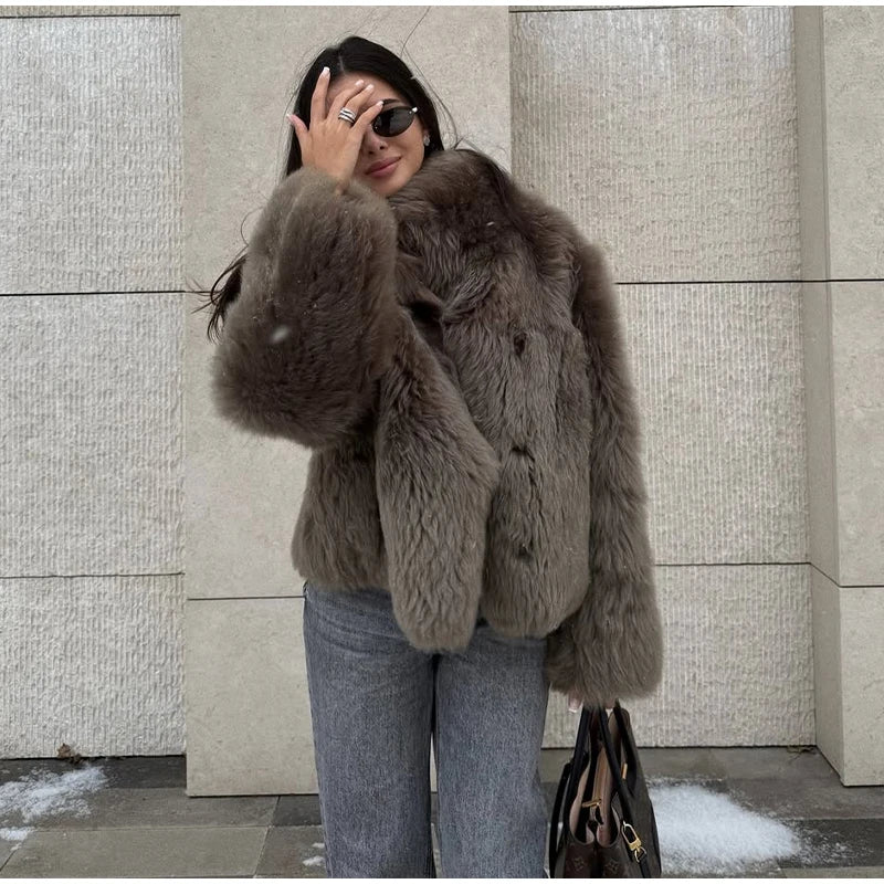 Vintage Faux Fur Woolen Jacket Women Fashion Thicken Hooded Pocket Lantern Sleeve Elastic Waist Coat 2026 Female Daily Outwear