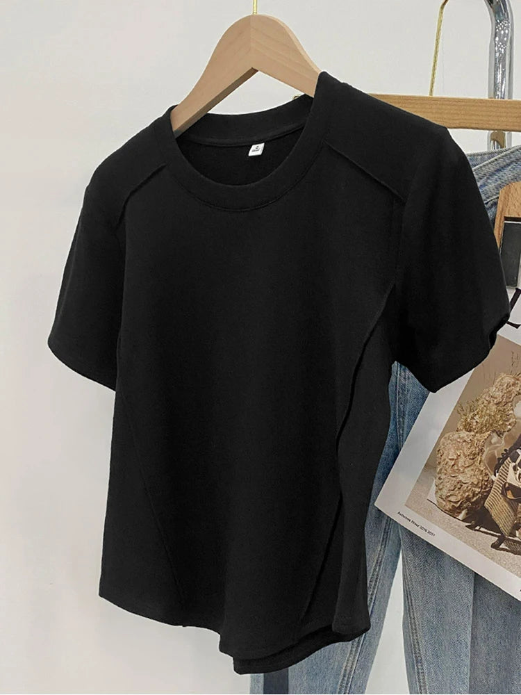 Solid color round-neck short-sleeved slim T-shirt for women 2026 summer and Europe new