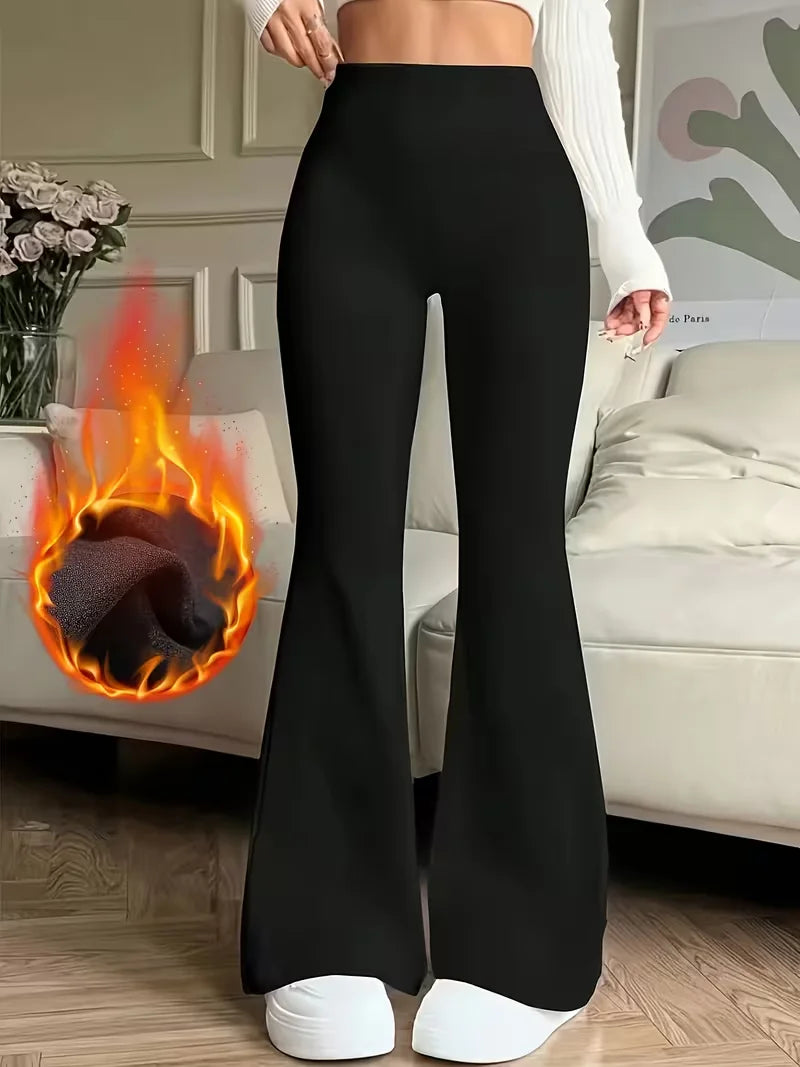 Fleece Solid Color Flared Pants Are Elegant Winter  Thermal Pants They Are Thick And Form Fitting Suitable For Casual Occasions