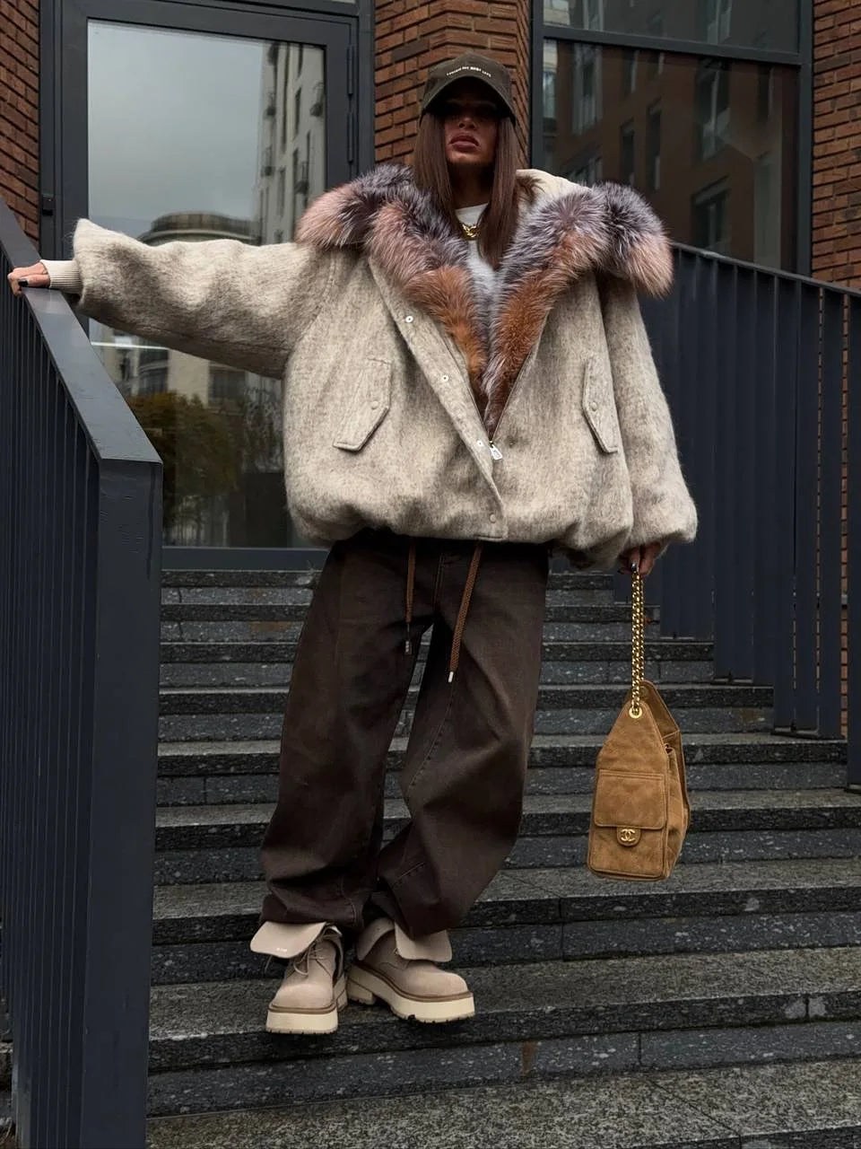 Vintage Faux Fur Woolen Jacket Women Fashion Thicken Hooded Pocket Lantern Sleeve Elastic Waist Coat 2026 Female Daily Outwear