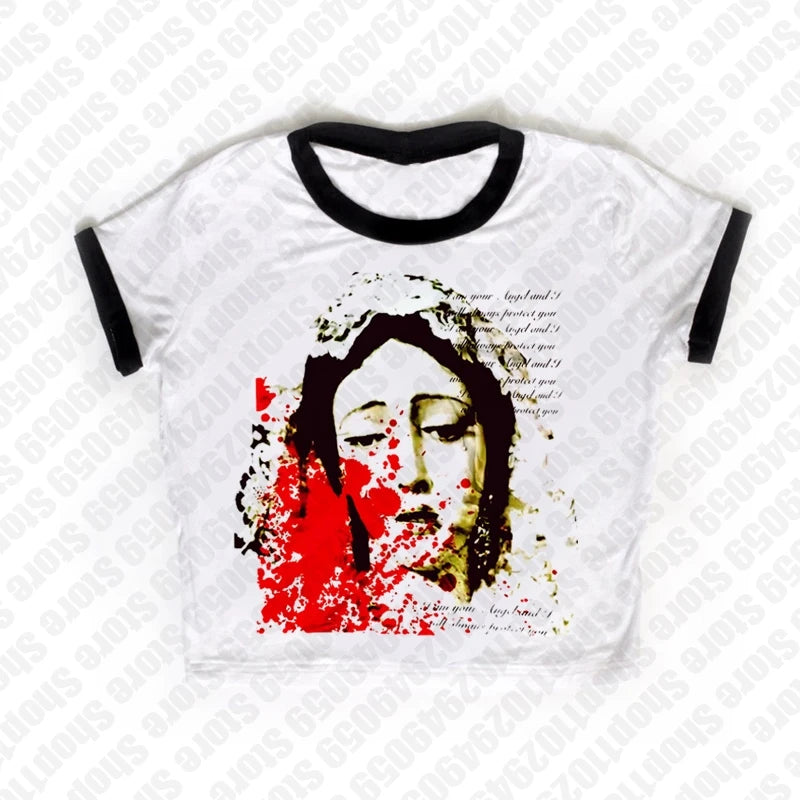 Gothic Letter Print Baby Tees Y2K Vintage Clothes Aesthetic Kawaii Summer Slim 2000s Top Streetwear Short Sleeve E-girl Crop Top