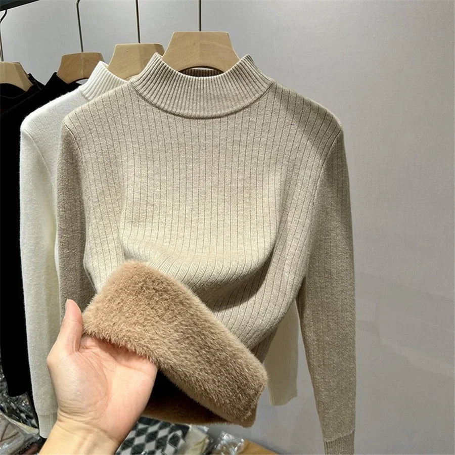Winter Warm Sweater Pullover Women Slim Thicken Plush Velvet Lined Knitwear Jumper Korean Half Turtleneck Poleras Soft Knit Tops