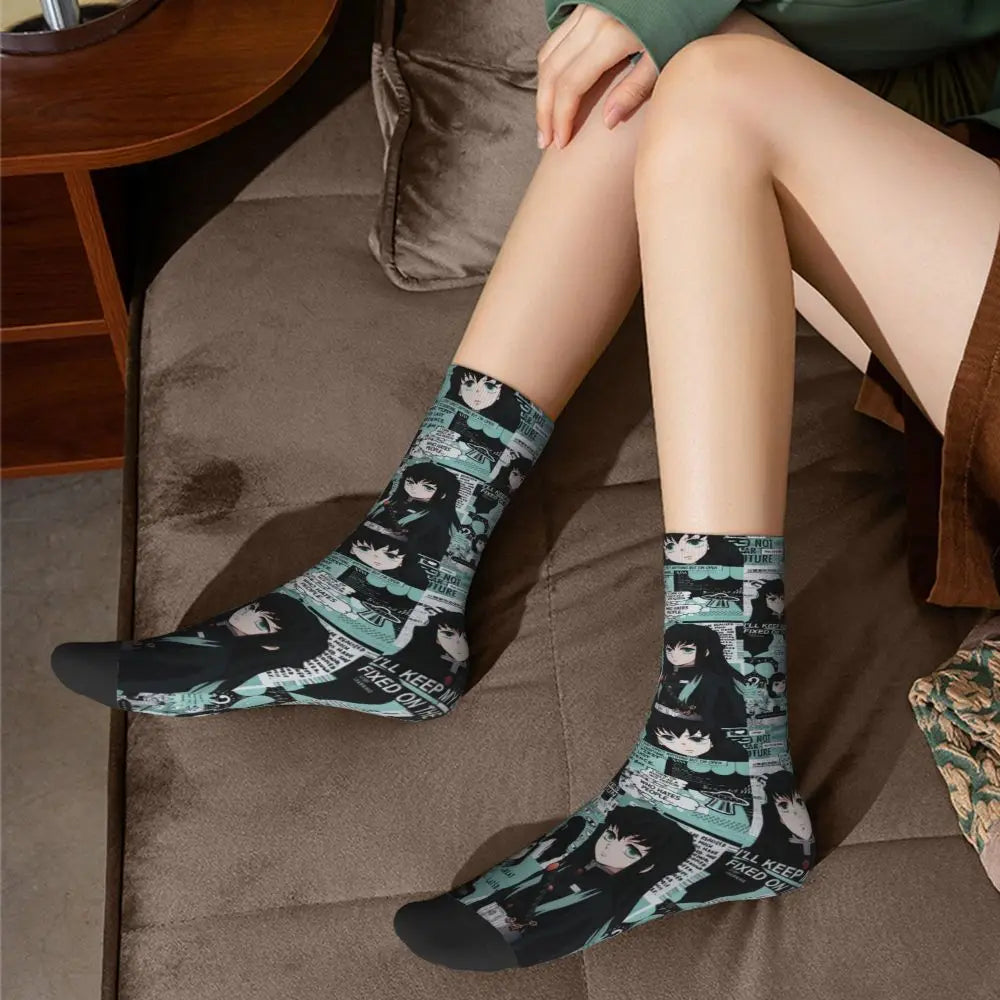 Custom Giyuu Tomioka Demon Slayer Men Women Crew Socks Unisex Kawaii Kimetsu No Yaiba Spring Summer Autumn Winter Dress Socks