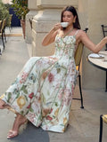 Printed Sleeveless Halter Long Dress Women Chic Waist Cinching A-line Sling Slim Fit Dresses Lady Spring Summer Vacation Gown