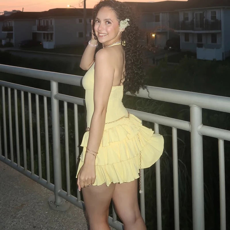 Vacation Halter Mini Dress For Women Solid High Waist Puffy Dress Ruffled Splice Fashion Sexy Slim Dress 2025 Summer New