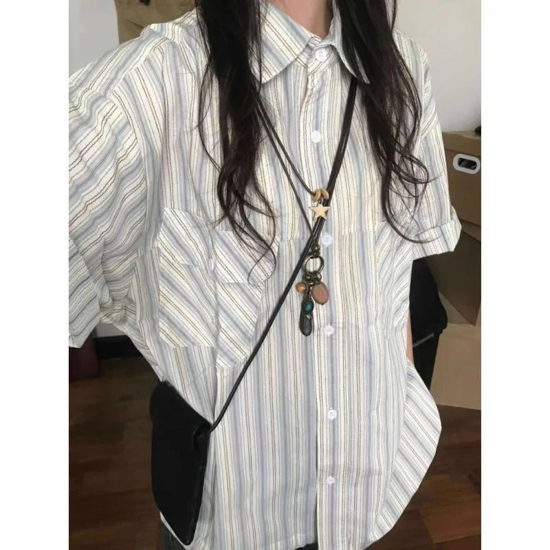 XEJ Chiffon Blouse for Women Japanese Retro Striped Short Sleeved Shirt for Women in Summer 2024 Short Sleeve Shirt Tops Y2k