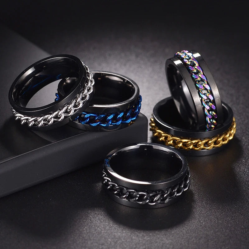 Stress Ring For Stainless Steel Rotatable Chain Fidget Metal Spinner Men Band Ring Jewelry Anillos De Hombres