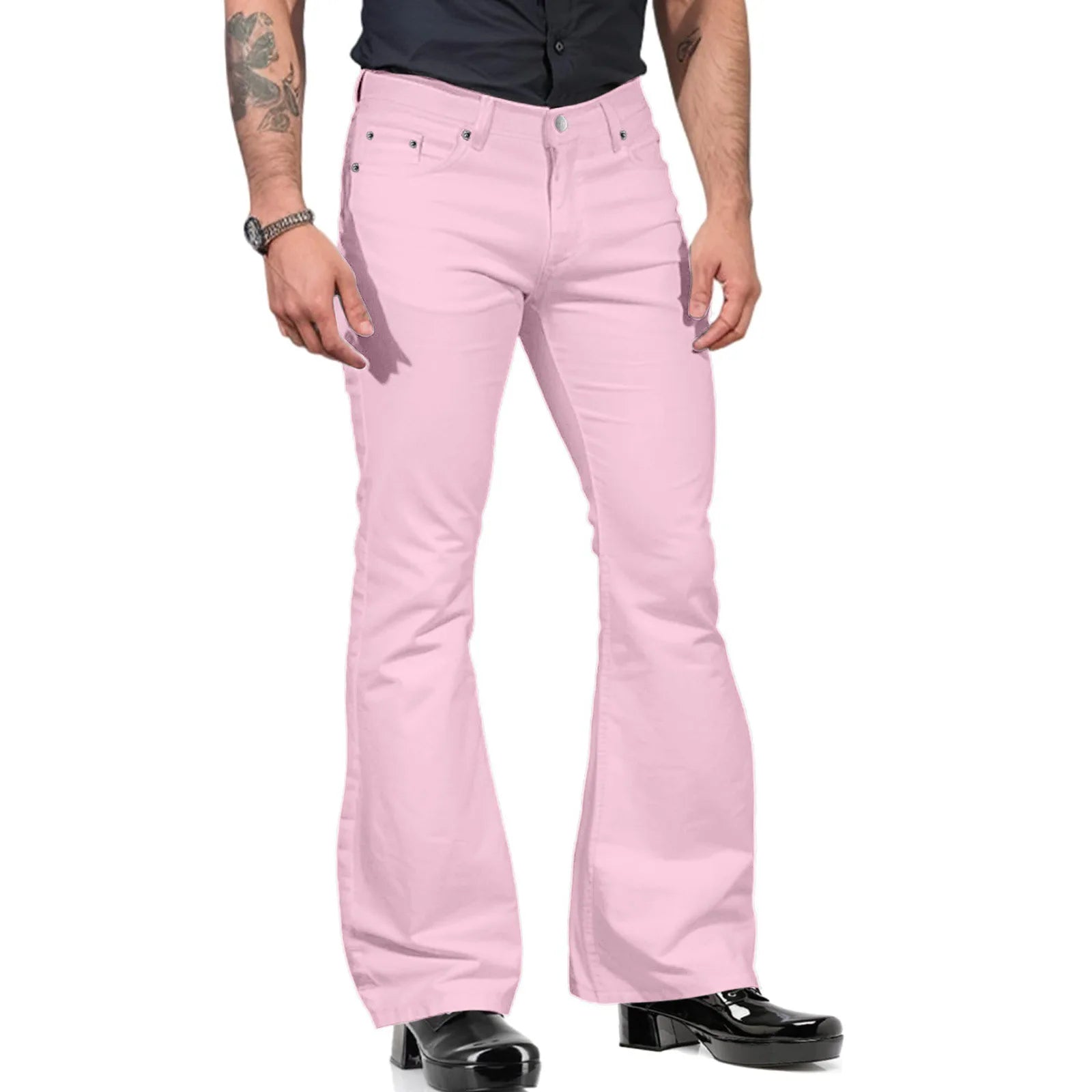 Retro-inspired Flared Pants Men's Vintage Bell Bottom Wide Leg Jeans Solid Color Stretchy Slim Fit Mid-rise for Fashionable
