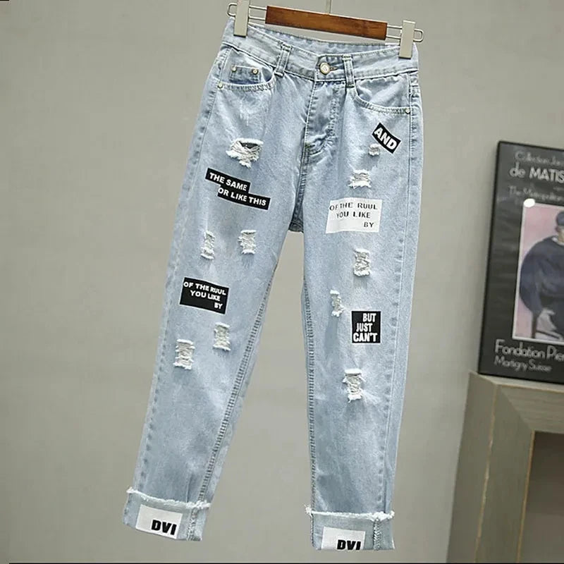 Women Elegant V-Neck Stripe Lantern Sleeve Bow Belt Trend Slim Chiffon Shirt Top And Korean Ripped Jeans Office Lady Casual Suit