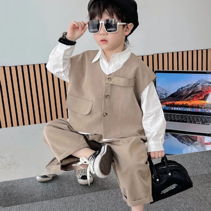 2026 Children Sets Shirts Turn-down Collar Vest Single Breasted Pants Ankle Length Loose Solid Soft Simple Casual Autumn Boys
