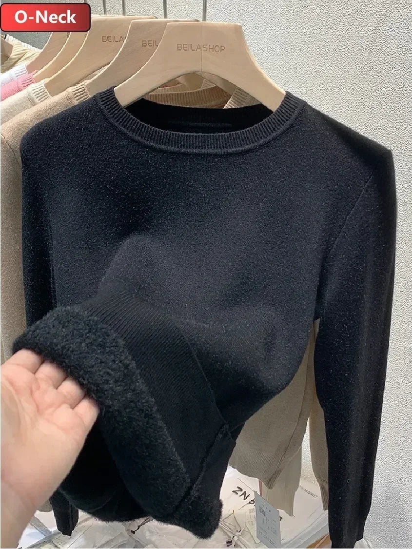 Winter Warm Sweater Pullover Women Slim Thicken Plush Velvet Lined Knitwear Jumper Korean Half Turtleneck Poleras Soft Knit Tops