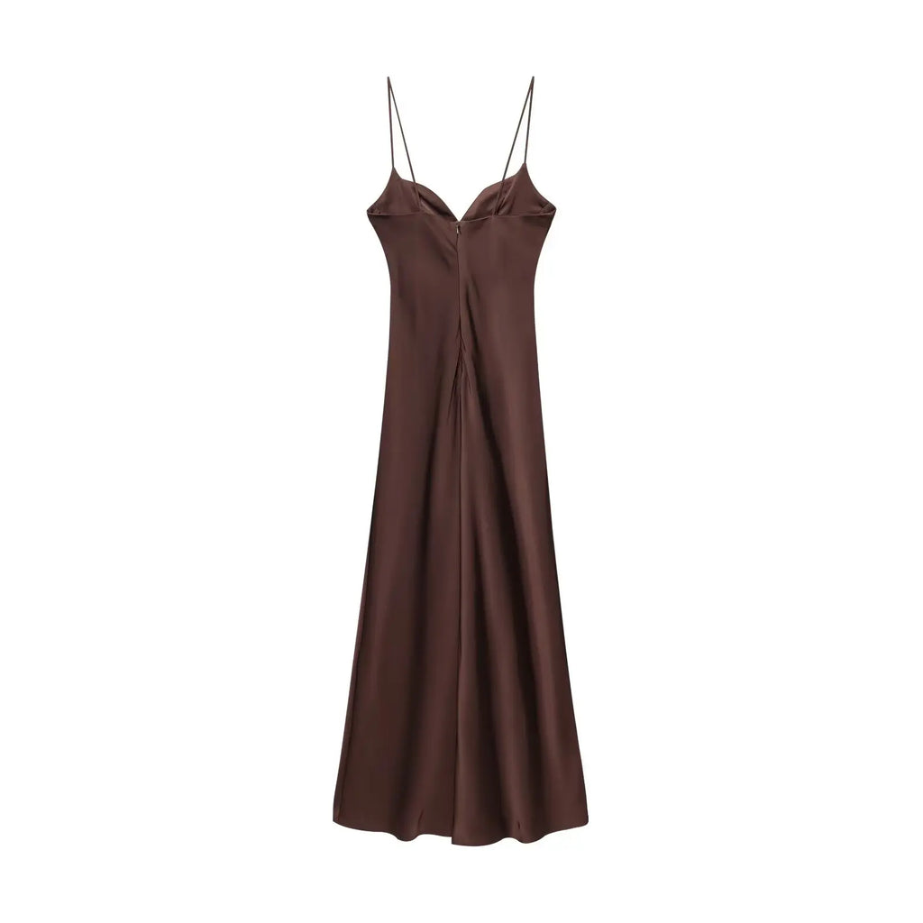 HH 2025 Women Red V-Neck Holiday Style Satin Texture Long Dress Sleeveless Summer Women's Back Zipper Fashion Sling Dresses